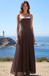 Strapless Pleated A Line Maxi Dress Brown