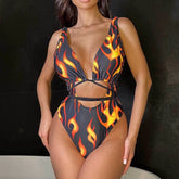 Wholesale Bikini of Flame Pattern Hollow Deep V Tight One piece Swimming Suits