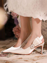 Bow Pearls Pattern Satin Pointed Toe Wedding Bridal Shoes