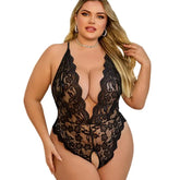 4XL Plus Size Open Bra Crotchless Romantic Lingerie Lace Sheer With Buckles Deep V Babydoll Teddy Bodysuit Erotic Underwear