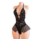 Alluring Leopard Print Lace Halter Neck Bodysuit See Through Open Crotch Deep V Neck Lace Up Teddy Backless Lingerie