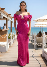 Bardot Crystal Bustier Sequin Maxi Dress Hot Pink