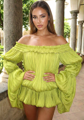 Long Sleeve Bardot Bubble Dress Green