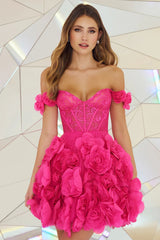 Bardot Lace Corset Floral A Line Dress Hot Pink