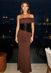 Bardot Sequin Corset Maxi Dress Brown