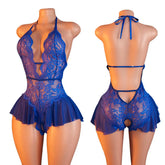 Blue Open Crotch Body Suit Crotchless Adult Erotic Lingerie Pajamas Lace Temptation