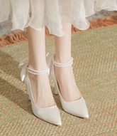 Bow Satin Stiletto Heel Point Toe Pearls Fabric Wedding High Heel Sandals