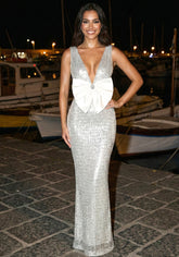 Bow Detail Sequin Maxi Dress Silver