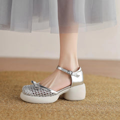 Butterfly-knot Straw Weaving Round Toe Thick Bottom Breathable Sandals