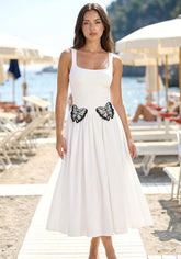 Butterfly Detail A Line Midi Dress White
