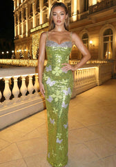 Butterfly Sequin Maxi Dress Green Silver