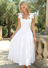 Bow Detail Button A Line Midi Dress White