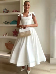 Bow Detail Button A Line Midi Dress White