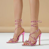 CRYSTAL Butterfly-knot Open Toe Ankle Lace-up Banquet Thin High Heels Sandals