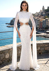 Cape Sleeve Crystal Lace Maxi Dress White