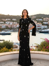 Long Cape Sleeve Crystal Maxi Dress Black