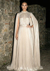 Cape Sleeve Pleated Maxi Dress Champagne