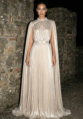 Cape Sleeve Pleated Maxi Dress Champagne