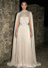 Cape Sleeve Pleated Maxi Dress Champagne