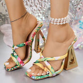 Casual Fashion Printed Strange Square Toe Cross Strap Heeled