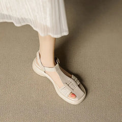 Casual Genuine Leather Buckle Strap Platform Round Toe Flat Sandals