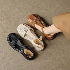 Casual Genuine Leather Buckle Strap Platform Round Toe Flat Sandals