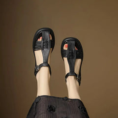 Casual Genuine Leather Buckle Strap Platform Round Toe Flat Sandals