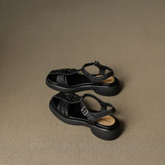 Casual Genuine Leather Buckle Strap Platform Round Toe Flat Sandals