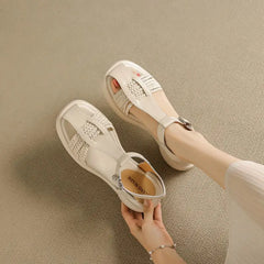 Casual Genuine Leather Buckle Strap Platform Round Toe Flat Sandals