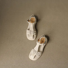 Casual Genuine Leather Buckle Strap Platform Round Toe Flat Sandals