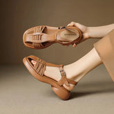 Casual Genuine Leather Buckle Strap Platform Round Toe Flat Sandals