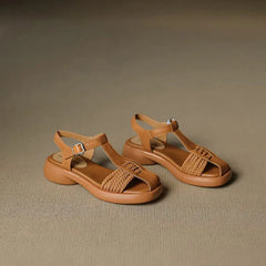 Casual Genuine Leather Buckle Strap Platform Round Toe Flat Sandals