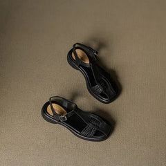 Casual Genuine Leather Buckle Strap Platform Round Toe Flat Sandals