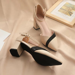 Casual Pu Leather Patchwork Ankle Strap High Heels Pumps