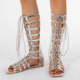 Casual Rivets Hollow Out T-tied Lace-up Gladiator Flats Heels Knee-High Sandals