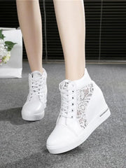 Casual Round Toe Leather High Heels Lace Up Wedge Platform Shoes