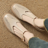 Classic Hollow-Out Sheepskin T-strap Thick Med Pumps High Heels Sandals