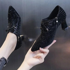 Colored Diamond Bow Knot Shallow Mouth Side Zipper Pointed Toe Thick High Heels