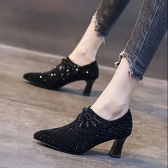 Colored Diamond Bow Knot Shallow Mouth Side Zipper Pointed Toe Thick High Heels