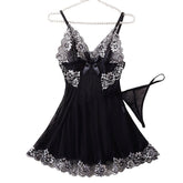 Contrast Black Lingerie Underwear Sleepwear Lace Nightdress And Thongs Pijamas Sets Female Nighty