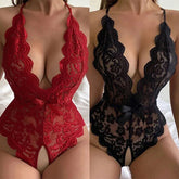 Crotchless Red Underwear Lace Hollow Bra Set Erotic Costume Teddy Baby Doll Dress Deep V Open Bra Bow Lingerie Set