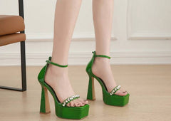 Crystal Diamond Buckle Strap Platform Open Toe Thick High Heels Sandals