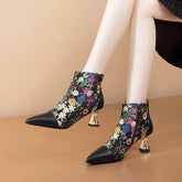Crystal Embroidery patchwork pointed toe high Heel Top quality Ethnic Ankle Boot
