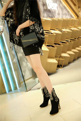 Crystal Kid Suede Zipper Round Toe Square Heels Party Ankle Boots