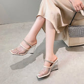 Crystal Mesh Square Toe Rhinestone Transparent Wedges Hollow Out High Heels
