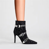 Crystal Microfiber Rivet Pointed Toe Zippers High Thin Heels Ankle Boots