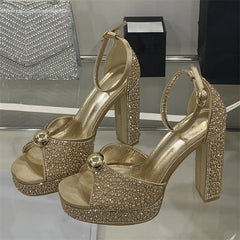 Crystal Pearl Buckle Strap Platform Square Toe Stripper High Heels Sandals