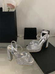 Crystal Rhinestone Wedding Party Square Toe High Heels Sandals
