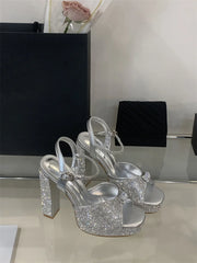 Crystal Rhinestone Wedding Party Square Toe High Heels Sandals