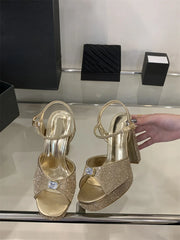 Crystal Rhinestone Wedding Party Square Toe High Heels Sandals